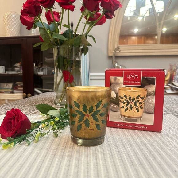 LENOX Holiday Crystal Candle Holder Set NEW Scented 9oz Gold Leafed - Picture 1 of 8